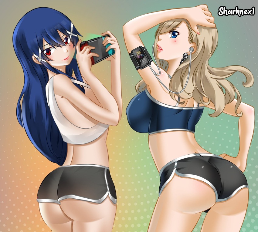 2girls ass big_ass big_breasts big_butt blonde_hair blue_eyes blue_hair bubble_ass bubble_butt edens_zero female_only gym gym_clothes gym_clothing gym_shirt gym_shorts gym_uniform hand_on_ass hand_on_butt hand_on_head hand_on_hip homura_kogetsu long_hair looking_back mole_under_eye nintendo_switch rebecca_bluegarden red_eyes sharknex standing thick_thighs