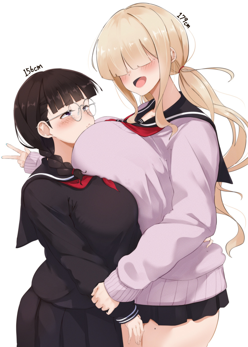 2girls 96nokimihito absurdres arm_grab asymmetrical_docking bangs black_hair blonde_hair blue_eyes blush braid braided_twintails breast_press breasts brown_hair commentary_request cute female female_only fringe glasses hair_over_eyes height_difference highres huge_breasts jimi_kyonyuu_megane_(96nokimihito) jimiko large_breasts long_bangs mekaku_kyonyuu_gyaru_(96nokimihito) multiple_girls open_mouth original pale-skinned_female school_uniform schoolgirl shy skirt standing teenager thick_thighs thighs twin_braids twintails v white_background yuri