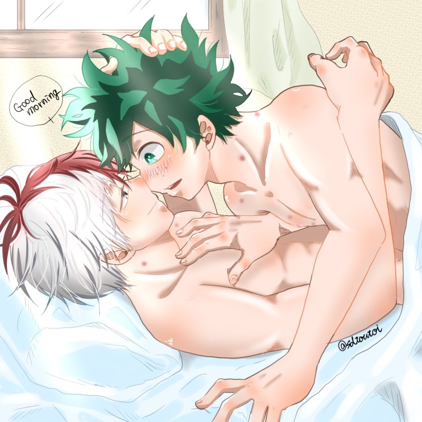 2boys bedroom bite_marks blush brown_eyes chest finger fingernails freckles gay green_eyes green_hair hand indoors izuku_midoriya kiss_mark looking_each_other lying male male_only morning muscle my_hero_academia nude on_bed pillow red_hair scar shouto_todoroki smile teenage teenage_boy teenager white_hair window yaoi