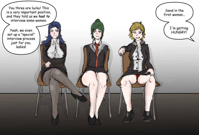 3girls average_breasts big_breasts black_heels black_sneakers blonde_hair blue_hair chairs crossed_legs dark_blue_hair female genly green_hair imminent_vore interview multiple_girls offscreen_character offscreen_character_speaking red_panties red_tie sexism small_breasts smile speech_bubble straining_buttons