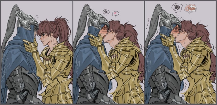 2boys annoyed artorias_the_abysswalker biting_tongue blush brown_hair cowl dark_souls dragon_slayer_ornstein facial_scar french_kiss fromsoftware fully_clothed gay helmet helmet_removed hood kissing knight long_hair long_hair_male looking_at_another male male_only men_kissing ponytail scar siinnk tongue_bite yaoi