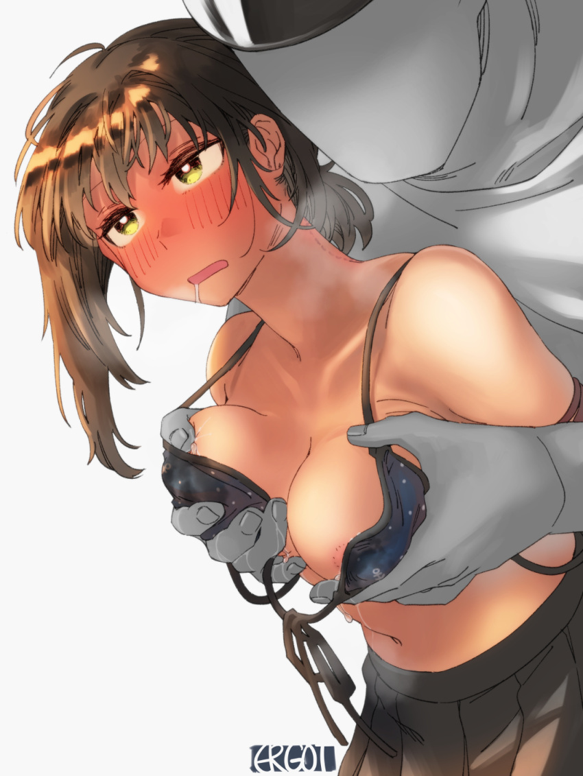 1boy admiral_(kantai_collection) anchor_print areola_slip areolae bangs bikini bikini_top_only black_skirt blue_bikini blush breast_grab breasts breath drunk ergot faceless faceless_male female fubuki_(kantai_collection) grabbing grabbing_from_behind grey_background highres kantai_collection low_ponytail medium_breasts nose_blush open_mouth pleated_skirt ponytail questionable_consent saliva short_ponytail signature simple_background skirt swimsuit yellow_eyes