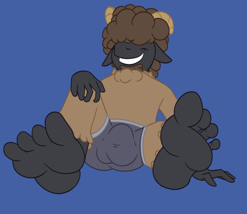 anthro bovid bulge caprine clothing dee_(sirdeeviant) grin horn male mammal sheep simple_background sirdeeviant sitting smile solo underwear