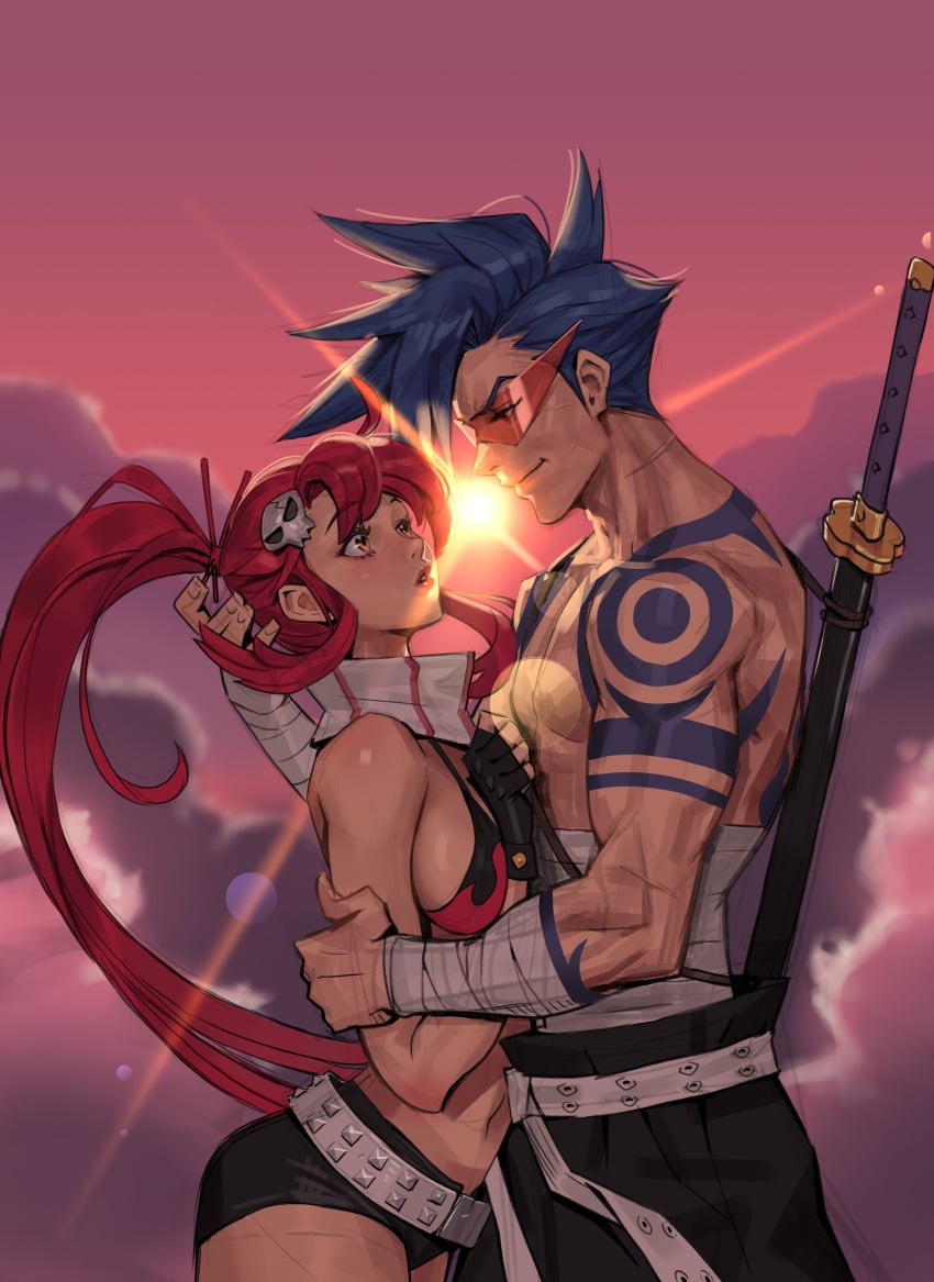 1boy 1girls big_breasts bikini_top blue_hair embrace female fingerless_gloves hair_ornament hairclip hotpants kamina kamina_shades katana long_hair looking_at_another male muscular_male ponytail red_hair romantic romantic_ambiance romantic_couple sarashi scarf scars short_shorts sideboob slq smile spiky_hair sunglasses tattoos tengen_toppa_gurren_lagann topless_male wholesome yoko_littner