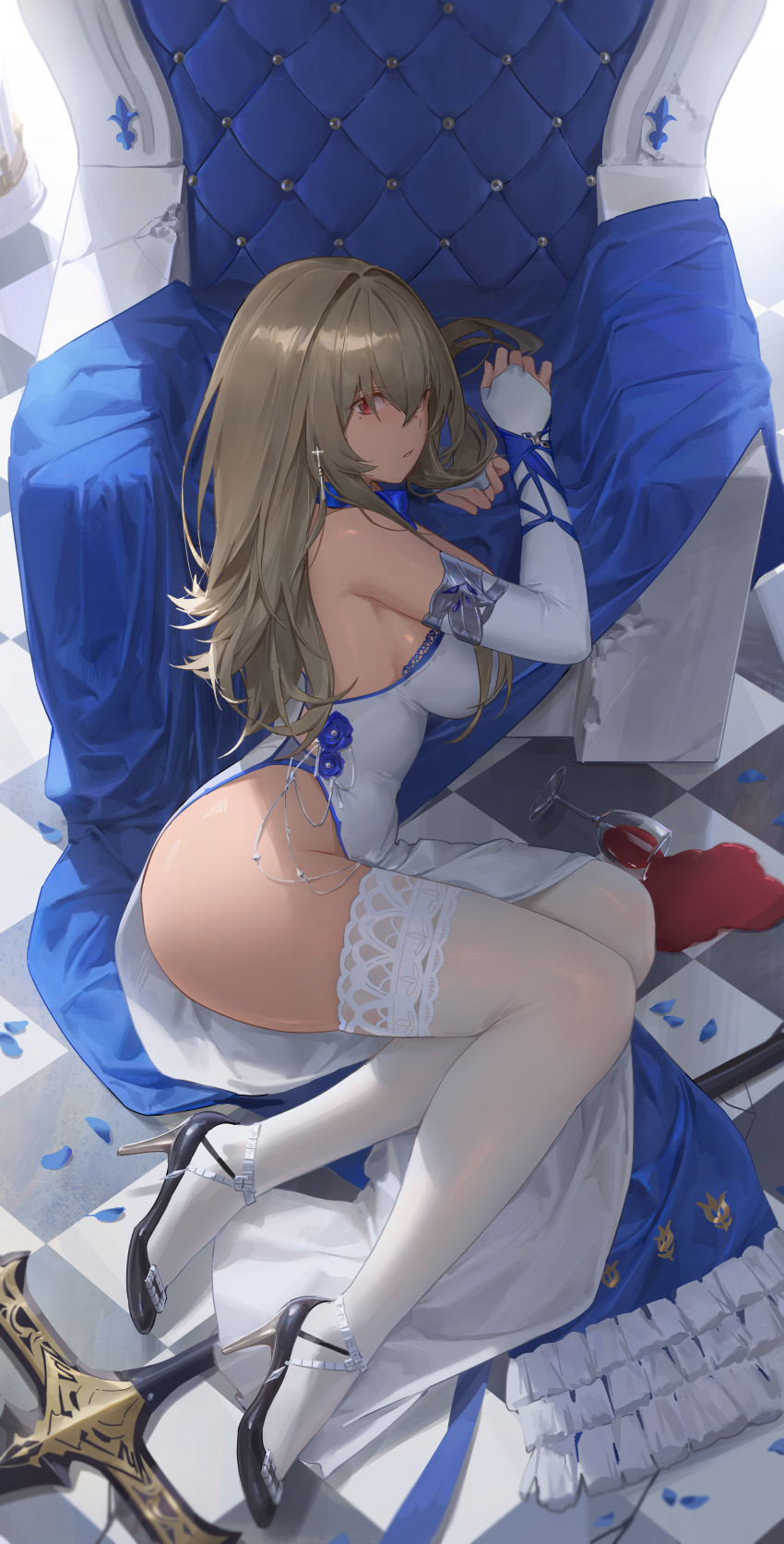 1girls absurd_res azur_lane bent_knees breasts bridal_gauntlets brown_hair chair checkered china_dress clothes_pull clothing cup dress drink drinking_glass earrings elbow_gloves female female_only female_solo footwear full_body gloves grey_hair ground hi_res high_heels indoors iris_libre_(azur_lane) jewelry lance large_breasts legwear light-skinned_female light_brown_hair light_skin long_hair looking_at_viewer lying mole mole_under_eye no_bra on_side open_mouth parted_lips piercing red_eyes room saint-louis_(azur_lane) saint-louis_(holy_knight's_resplendence)_(azur_lane) shoes side_slit sitting skirt skirt_lift skirt_pull solo spill staff sunlight sword thighhighs thighs weapon white_dress white_legwear wine wine_glass yohan1754