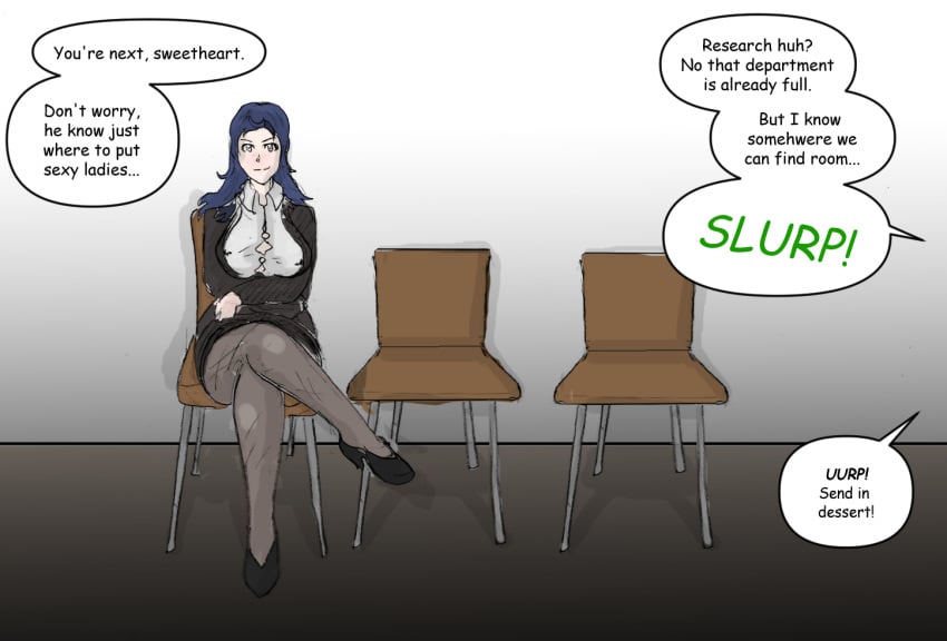 big_breasts black_heels blue_hair chairs crossed_legs dark_blue_hair female genly imminent_vore interview offscreen_vore sexism straining_buttons