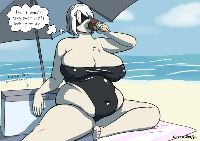 1girls bbw beach belly big_belly big_breasts blindfold breasts casualmuffin chubby clothing english_text fat female huge_belly huge_breasts ice_cream light-skinned_female light_skin nier nier:_automata overweight text white_hair yorha_2b