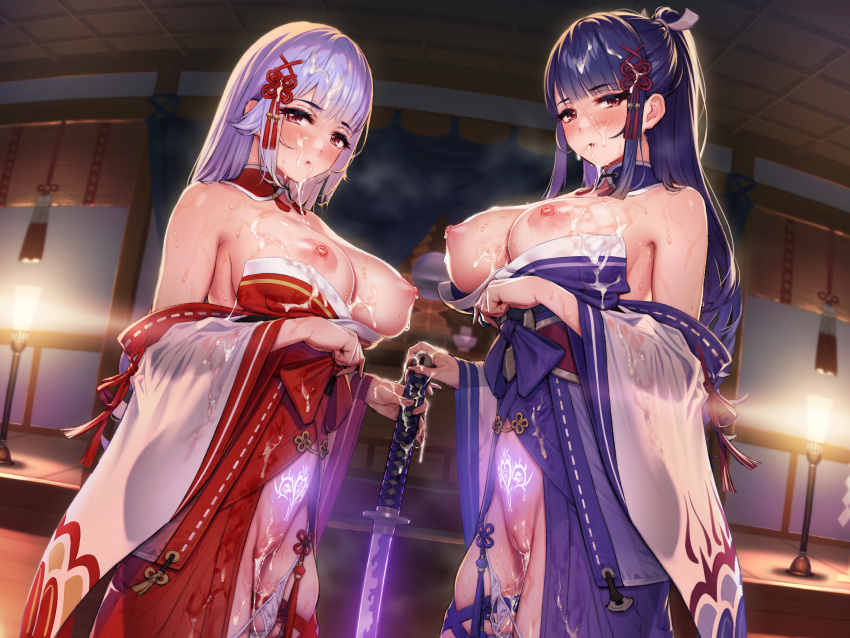 2girls bangs blue_hair blunt_bangs blurry blurry_background blush breasts breasts_out bukkake closed_mouth contrapposto cowboy_shot crotchless crotchless_panties cum cum_on_body cum_on_breasts cum_on_clothes cum_on_hair cumdrip depth_of_field detached_collar dutch_angle eyebrows_visible_through_hair eyeliner facial female female_only fisheye flower_knot from_side glowing_tattoo hair_ornament half-closed_eyes heavy_breathing highres huge_breasts indoors japanese_clothes katana leg_ribbon light_purple_hair lips long_hair looking_at_viewer makeup multiple_girls navel nipples non-web_source nontraditional_miko obi ogre_(illustogre) original panties panty_pull ponytail pubic_tattoo pussy red_eyes revealing_clothes ribbon ribbon_trim sash see-through_silhouette see-through_sleeves sidelocks skindentation steaming_body string_panties sweat sword tassel tassel_hair_ornament tattoo thigh_ribbon underwear weapon white_panties x_hair_ornament