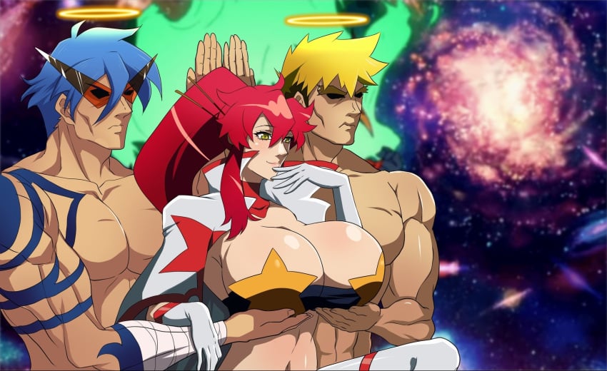 1girls 2boys bandeau big_breasts breast_hold breast_rest cleavage huge_breasts kamina kamina_shades kittan_bachika long_hair meme mkonstantinov muscular_male ponytail red_hair servants_holding_aphrodite's_breasts_(meme) smile space_yoko sunglasses tattoos tengen_toppa_gurren_lagann yellow_eyes yoko_littner