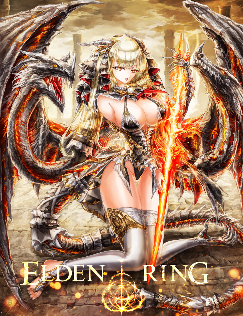 1girls animeart_pixxx big_breasts blonde_hair cleavage dragon dragon_girl dragonlord_placidusax elden_ring female female_only fromsoftware humanized lightning long_hair looking_at_viewer rule_63 solo thighhighs toeless_legwear