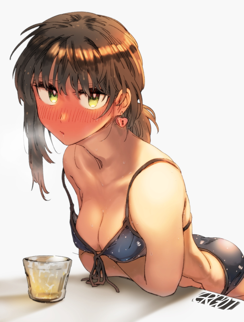 absurdres adapted_costume artist_logo artist_name ass bikini black_hair blue_bikini blush breasts cleavage cowboy_shot drunk ergot female front-tie_top fubuki_(kantai_collection) glass green_eyes heart_lock_(kantai_collection) highres kantai_collection leotard long_hair low_ponytail medium_breasts nose_blush polka_dot polka_dot_bikini ponytail saliva short_ponytail simple_background solo strap_slip swimsuit upper_body white_background