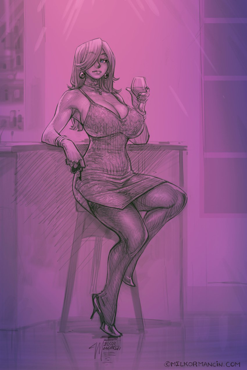 1girls calves clothed dress earrings female female_only hair_covering_eye heels high_heels holding_object janice_hanson jewelry large_breasts long_hair melkor_mancin original pink_background sitting sitting_on_chair sketch solo solo_female thighs wine