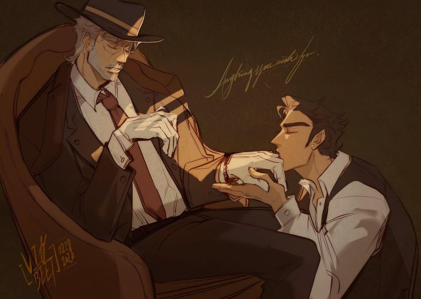 2boys armchair beard black_hair blinds brunet closed_eyes clothed clothes dilf earring earrings fedora gay gay_kissing gloves grandfather_and_grandson hands holding_hand incest jacket jijimago jojo's_bizarre_adventure joseph_joestar jotaro_kujo kissing kissing_hand kneeling magojiji moody_lighting old_joseph older_male on_knees prosthetic_hand salt_and_pepper_hair shadows sitting sitting_on_chair stardust_crusaders suit tie twitter_username vest viiolabeet wrinkles yaoi younger_male