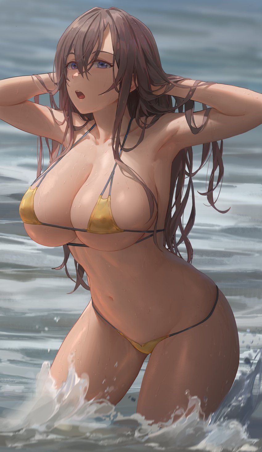 1girls absurd_res bikini blue_eyes breasts brown_hair bursting_breasts cleavage clothing erect_nipples female female_only golden_bikini hi_res huge_breasts looking_at_viewer nipples original partially_submerged solo swimsuit thighs voluptuous water wet wide_hips yohan1754