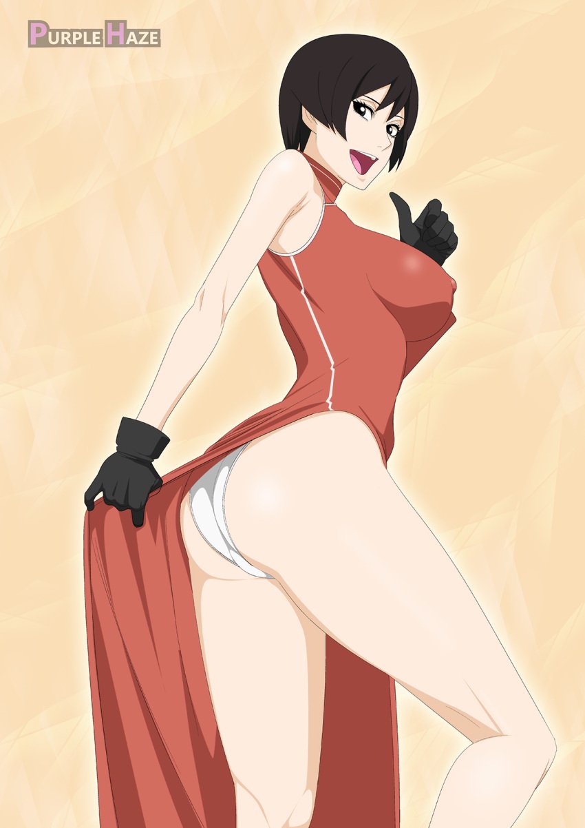 ass ass_focus bare_legs bare_shoulders bare_thighs big_breasts black_eyes black_hair boruto:_naruto_next_generations bottomless breasts butt_crack dress dress_lift erect_nipples erect_nipples_under_clothes female female_only gloves kurotsuchi lifted_by_self lime_(purple_haze) long_legs looking_at_viewer mature mature_female naruto naruto_(series) open_mouth purple_haze round_ass short_hair sideboob single_sleeve smile solo solo_focus thumbs_up tsuchikage visible_nipples