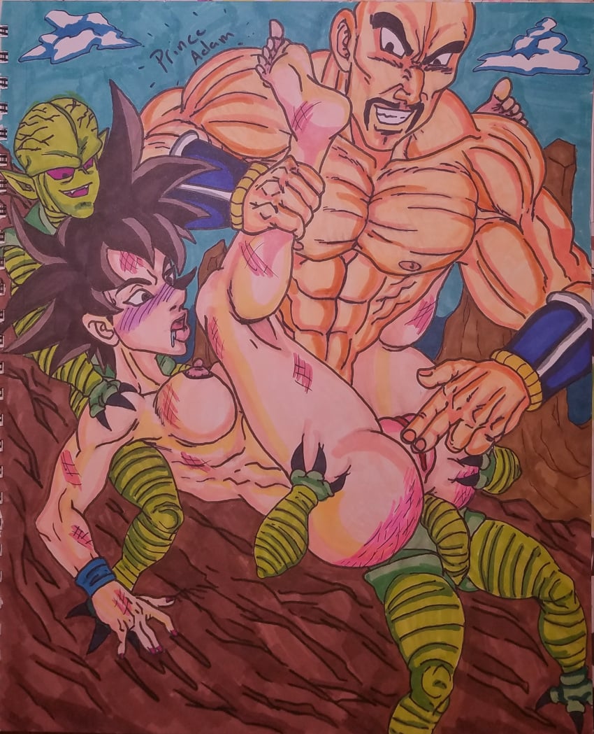 3boys anal_sex beaten defeated defeated_heroine dragon_ball dragon_ball_gt dragon_ball_super dragon_ball_z female_goku foursome goki nappa nude_female princeadam rape rule_63 saibaiman son_goku traditional_media_(artwork)