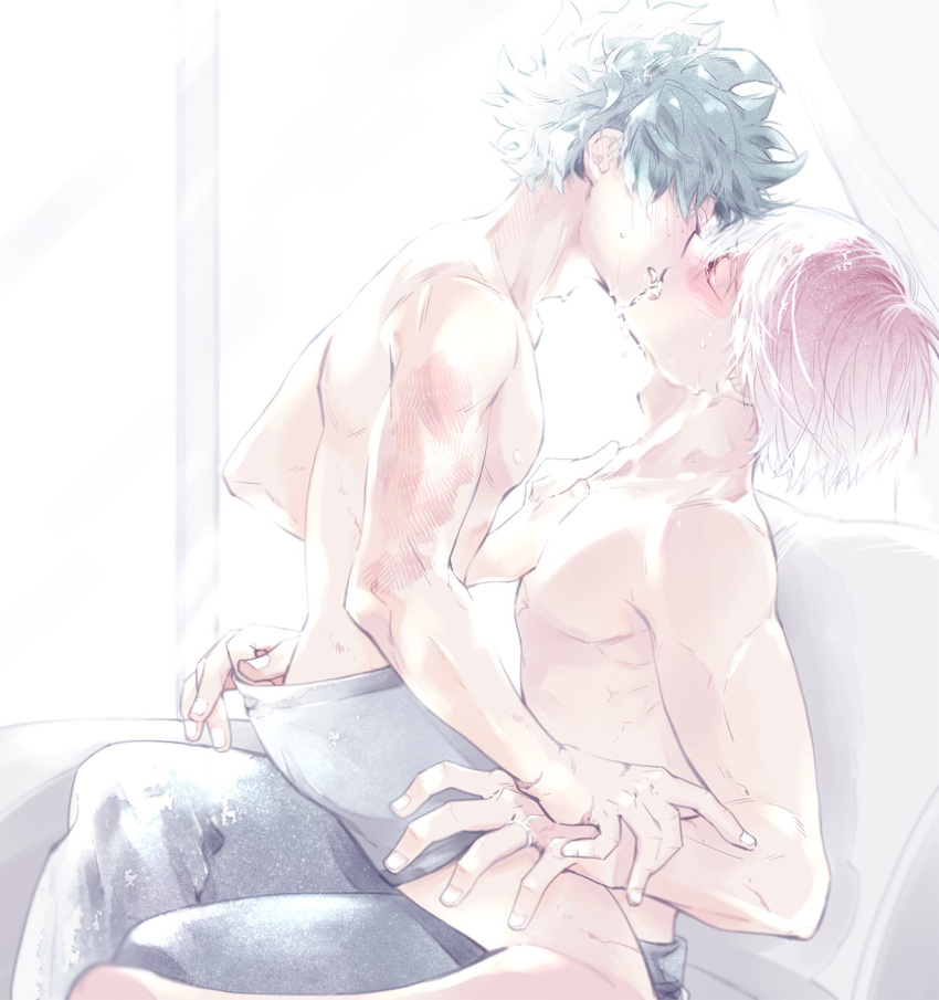 2boys abs back closed_eyes freckles gay grabbing_underwear green_hair indoors izuku_midoriya kissing legs living_room male_only muscle my_hero_academia nipples pants red_hair riding saliva scar shouto_todoroki sitting sweat teenage teenage_boy teenager topless underwear white_hair yaoi