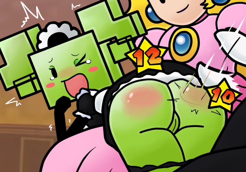 2d anonymous_artist ass ass_focus bent_over bent_over_knee blonde_hair blush bodily_fluids clothed clothing dominant dominant_female dress duo ear_piercing ear_ring eyelashes female female/female gameplay_mechanics genitals green-skinned_female green_body green_skin hair human humanoid inside legs_up looking_back maid maid_uniform mammal mario_(series) mimi_(super_paper_mario) mob_face motion_lines nintendo not_furry one_eye_closed open_mouth panties panties_down paper_mario paper_peach partially_clothed piercing pink_clothing pink_dress princess_peach punishment pussy shaking smile spank_marks spanking submissive submissive_female tears trembling underwear underwear_down uniform video_games