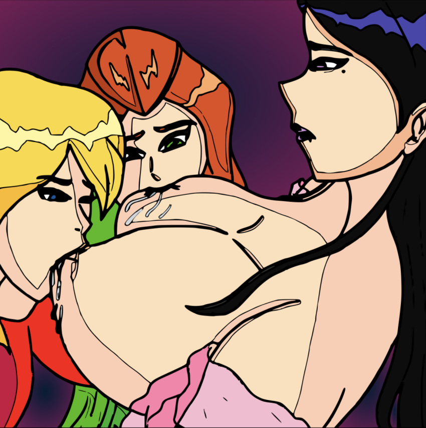 3girls big_breasts black_hair blonde_hair blue_eyes breast_sucking breastfeeding clover_(totally_spies) double_breast_sucking female female_only green_eyes green_suit huge_breasts lactation light-skinned_female mandy_(totally_spies) mandy_walters milk mole_under_eye night_background night_dress nipple_suck nipple_sucking orange_hair pink purple_eyes purple_lipstick red_suit redhead sam_(totally_spies) sucking totally_spies woman_sucking_breast yuri