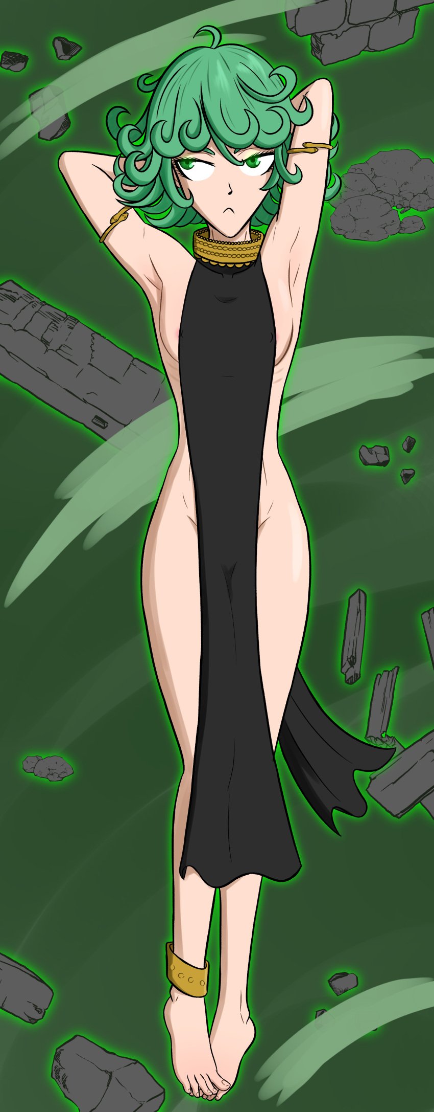 1girls alzar anklet barefoot black_dress breasts disinterested feet female female_only floating green_eyes green_hair nipples_visible_through_clothing one-punch_man small_breasts solo tagme tatsumaki