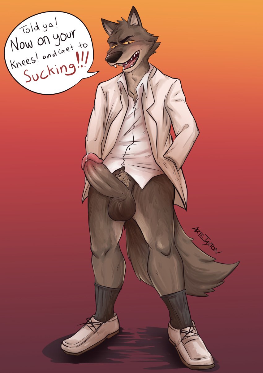 1boy absurd_res anthro artejaxton balls bottomless canid canine canis clothed clothing dialogue dreamworks english_text erection genitals hand_in_pocket hi_res humanoid_genitalia humanoid_penis male male_only mammal mr._wolf_(the_bad_guys) penis pockets solo talking_to_viewer the_bad_guys wolf