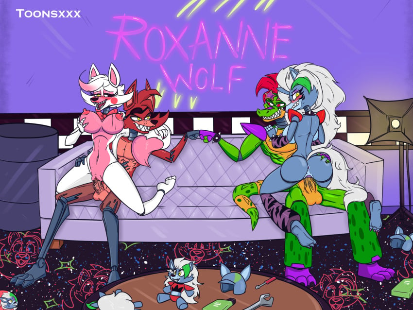 2boys 2girls animatronic anthro_penetrated anthro_penetrating_anthro ass ass_grab big_breasts big_penis bouncing_breasts cowgirl_position female_fox fist_bump five_nights_at_freddy's five_nights_at_freddy's:_security_breach five_nights_at_freddy's_2 fnaf fox_boy fox_girl foxy_(fnaf) furry genital_fluids mangle_(fnaf) montgomery_gator_(fnaf) penetration pussy pussy_juice roxanne_wolf_(fnaf) scottgames straight tagme toonsxxx vaginal_penetration wolf_girl