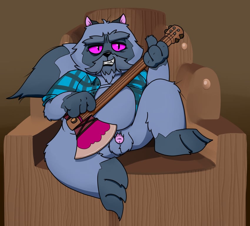 anthro chair furry guitar kipo_and_the_age_of_wonderbeasts male male_only neenya plaid_shirt purple_eyes sitting small_penis solo yumyan_hammerpaw