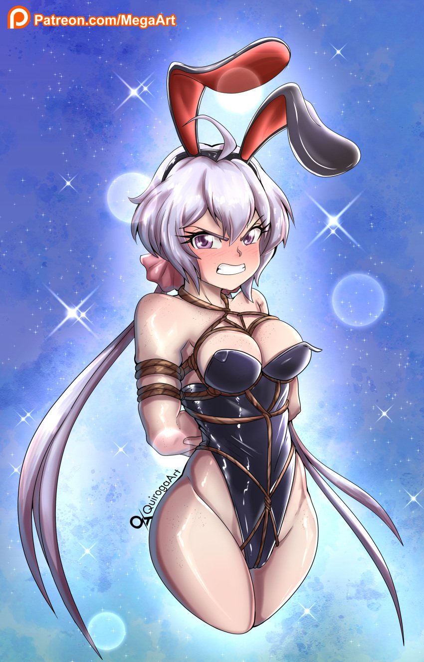 bare_shoulders bare_thighs bondage breasts bunny_costume bunny_ears bunny_girl female femsub hair_between_eyes kidnapping large_breasts lavender_hair long_hair purple_eyes quirogaart red_ribbon senki_zesshou_symphogear twintails yukine_chris