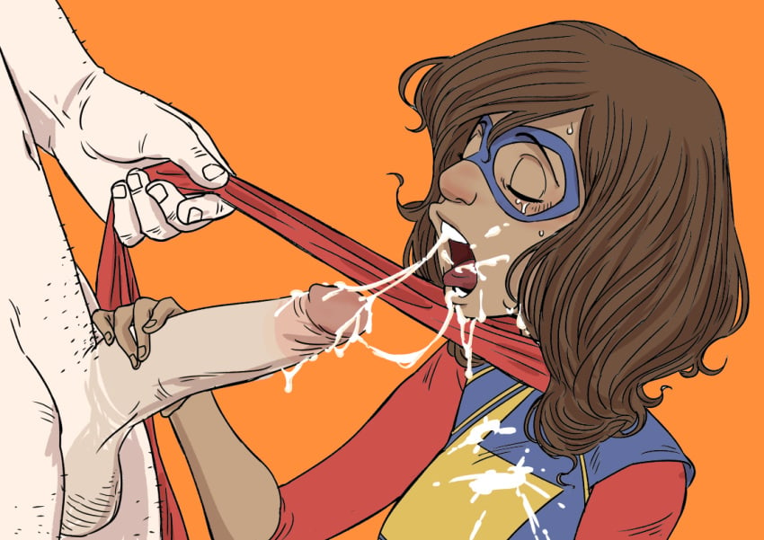 1boy 1girls after_fellatio cock costume covered_in_cum cum cum_in_mouth cum_on_face cum_string female interracial kamala_khan marvel marvel_comics mask ms._marvel scarf splooge_(artist) straight unseen_male_face