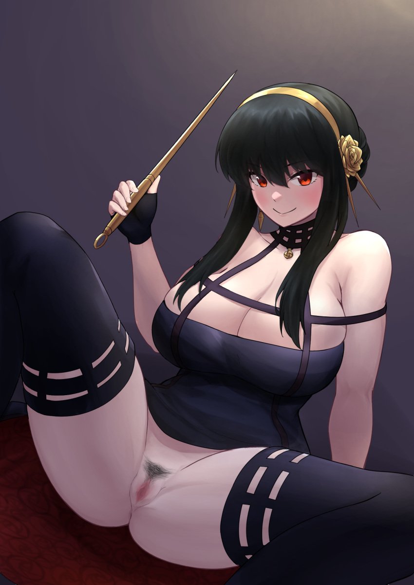 1girls assassin black_hair bottomless choker dark_background earrings female gloves hair_ornament huge_breasts human legwear minishell pale_skin pubic_hair pussy red_eyes smile solo solo_focus spy_x_family stiletto_(weapon) thorn_princess weapon yor_briar