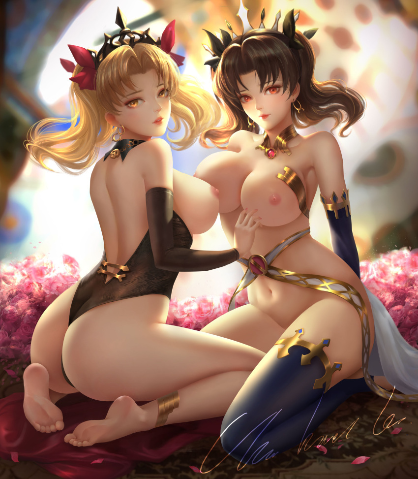 2girls blonde_hair blush breasts chunhui_lee diadem earrings ereshkigal_(fate) fate/grand_order fate_(series) feet ishtar_(fate) ishtar_(fate/grand_order) jewelry long_hair multiple_girls red_eyes signature sitting soles twintails yellow_eyes