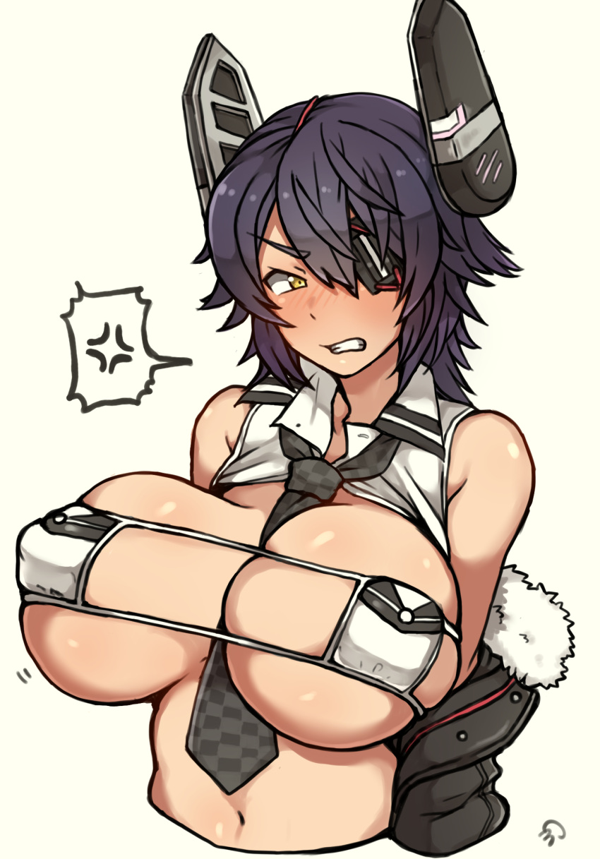 anger_vein angry bikini blush breast_pocket breasts checkered_necktie clenched_teeth collared_shirt eyepatch eyepatch_bikini female headgear highres huge_breasts jacket kantai_collection kurage_shokushu necktie pocket purple_hair shirt short_hair simple_background skindentation skirt sleeveless solo swimsuit teeth tenryuu_(kantai_collection) umitsuki_(kurage_no_shokushu) unbuttoned unbuttoned_shirt upper_body white_shirt yellow_eyes