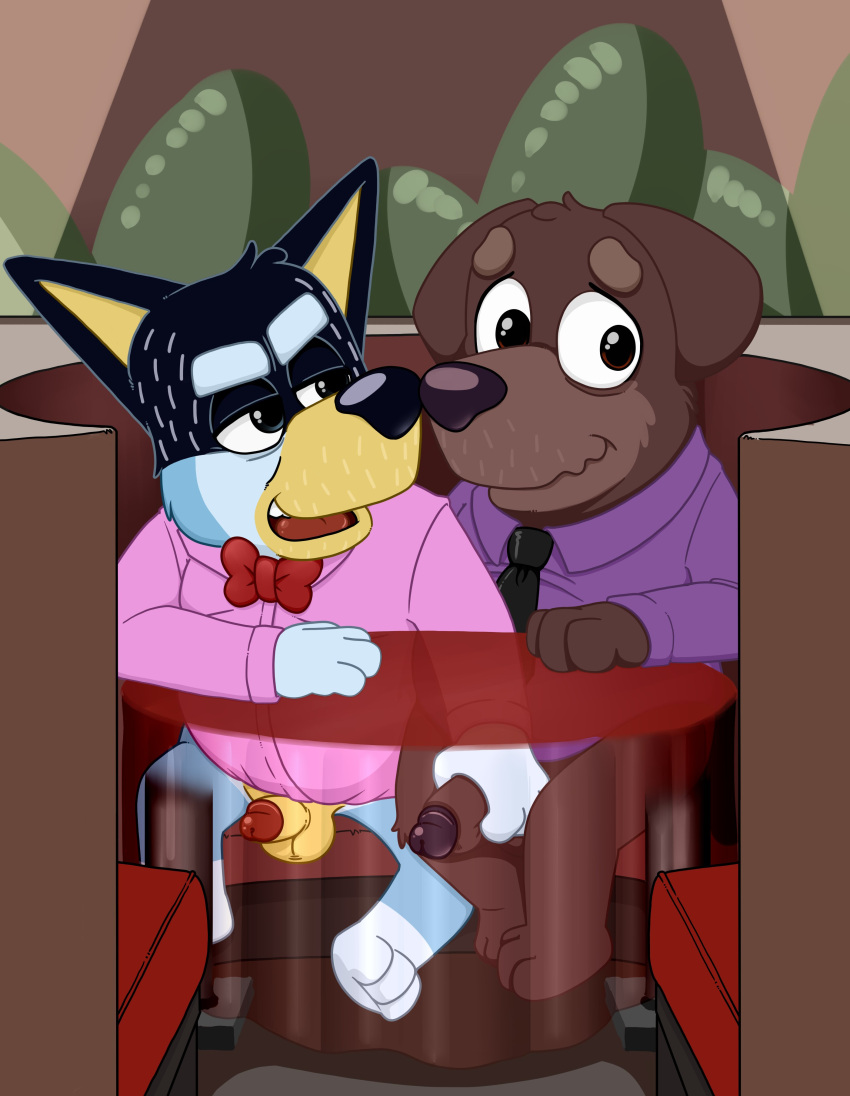 2boys anthro bandit_heeler blue_fur bluey_(series) bottomless bowtie canine fido_(bluey) furry gay handjob male male_only necktie neenya open_mouth restaurant small_penis wavy_mouth yaoi