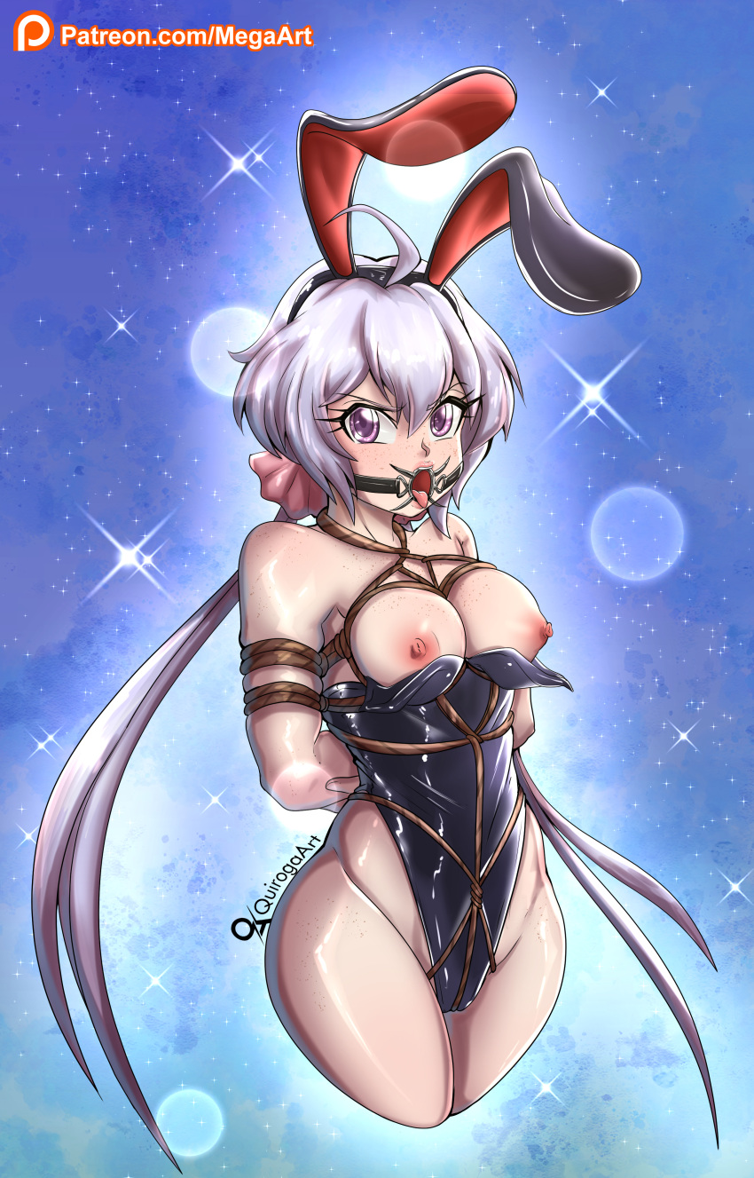 bare_shoulders bare_thighs bondage breasts bunny_costume bunny_ears bunny_girl exposed_breasts female femsub gag hair_between_eyes kidnapping large_breasts lavender_hair long_hair purple_eyes quirogaart red_ribbon senki_zesshou_symphogear spider_gag twintails yukine_chris