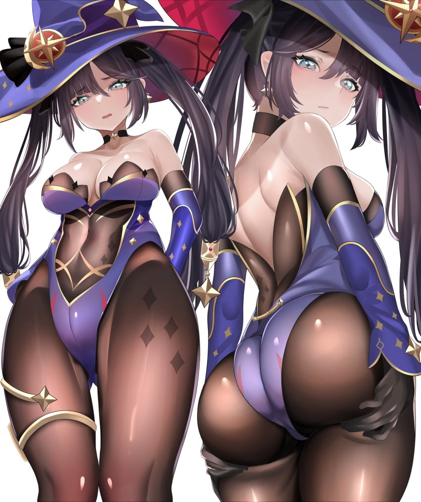 1girls 2022 ass ass_focus black_hair blush breasts bubble_butt cleavage clothed clothed_female female female_only genshin_impact grabbing_own_ass green_eyes hat hi_res highleg_leotard hips huge_ass keishi_surota large_hat leggings leotard long_hair medium_breasts mona_(genshin_impact) purple_leotard reaching_back slim_waist thick_thighs thighs tights wide_hips witch_hat