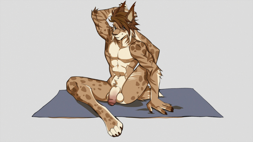 2022 4_toes 5_fingers abs anthro balls brown_hair digital_media_(artwork) eyebrows eyelashes feet felid feline fingers genitals hair looking_at_viewer lotusgarden lynx male male_only mammal nude penis smile solo solo_male toes