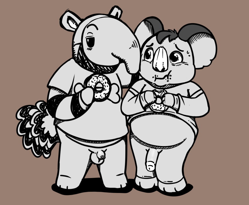 2boys animal_crossing anteater anthro antonio_(animal_crossing) bottomless furry koala large_breasts male male_only monochrome neenya nintendo ozzie_(animal_crossing) penis_size_difference small_penis t-shirt