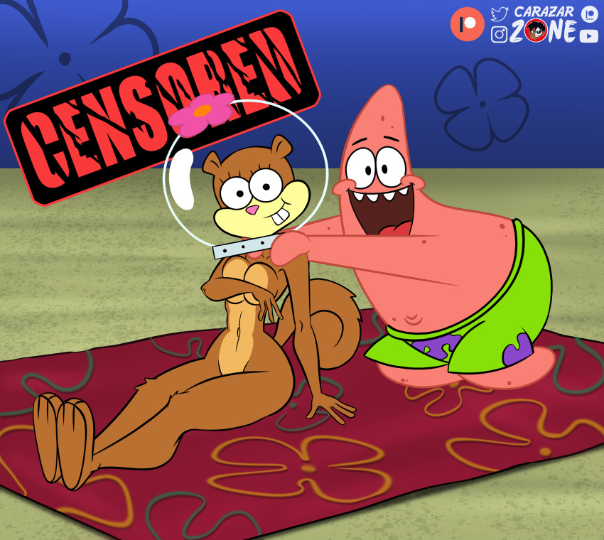 1boy 1girls arenita big_breasts breasts carazar_zone female furry male mammal nickelodeon nude_female patrick_star sandy_cheeks smile spongebob_squarepants squirrel starfish straight_hair text