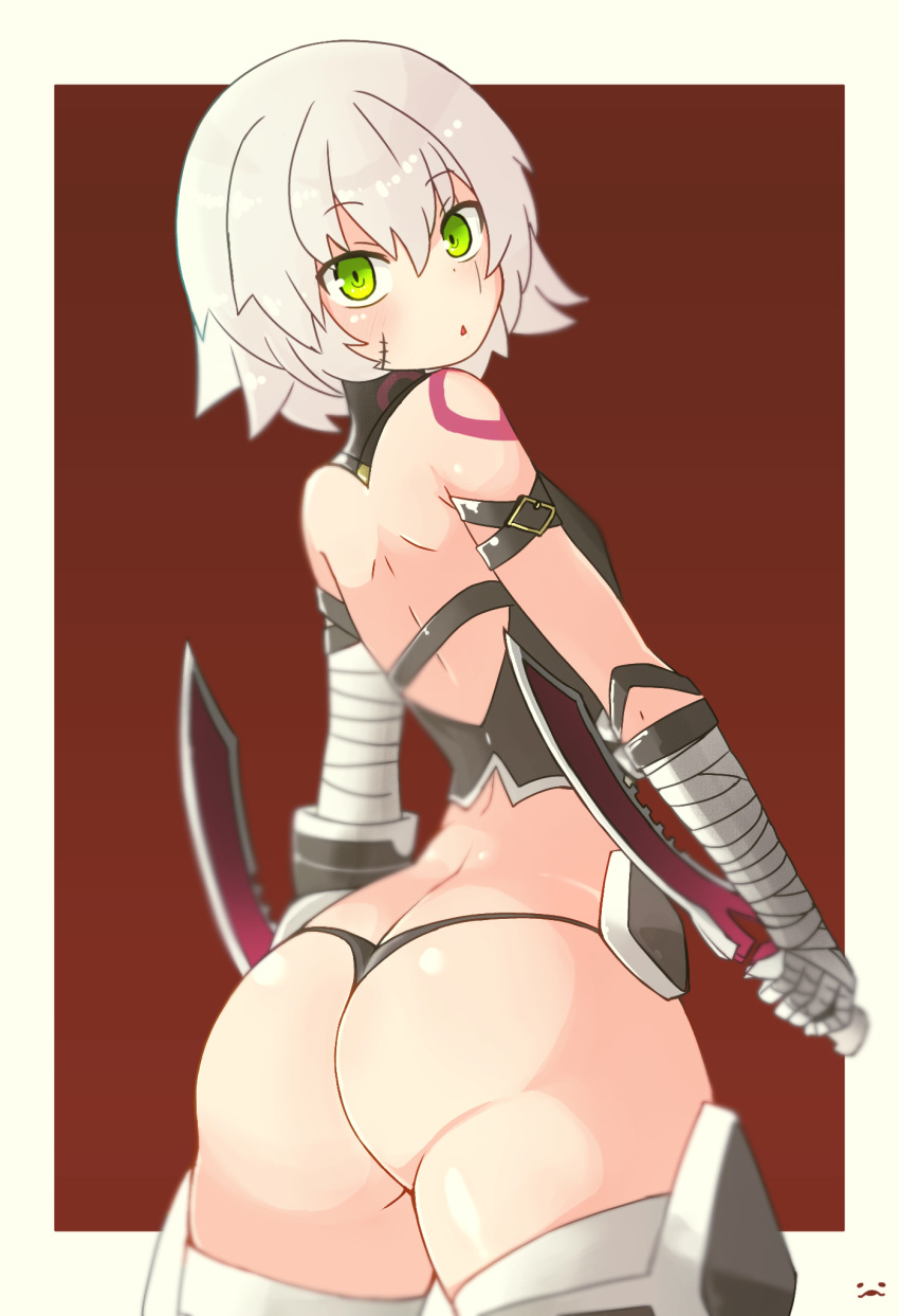 arm_belt ass ass_cleavage bandaged_arm bandages black_panties butt_crack dagger fate/apocrypha fate_(series) female from_behind gloves green_eyes highres holding holding_dagger holding_knife holding_weapon jack_the_ripper_(fate/apocrypha) knife looking_at_viewer looking_back lowleg lowleg_panties panties scar scar_across_eye scar_on_cheek scar_on_face shiny shiny_hair shiny_skin short_hair shoulder_tattoo single_glove solo standing tattoo thighs umitsuki_(kurage_no_shokushu) underwear weapon white_hair