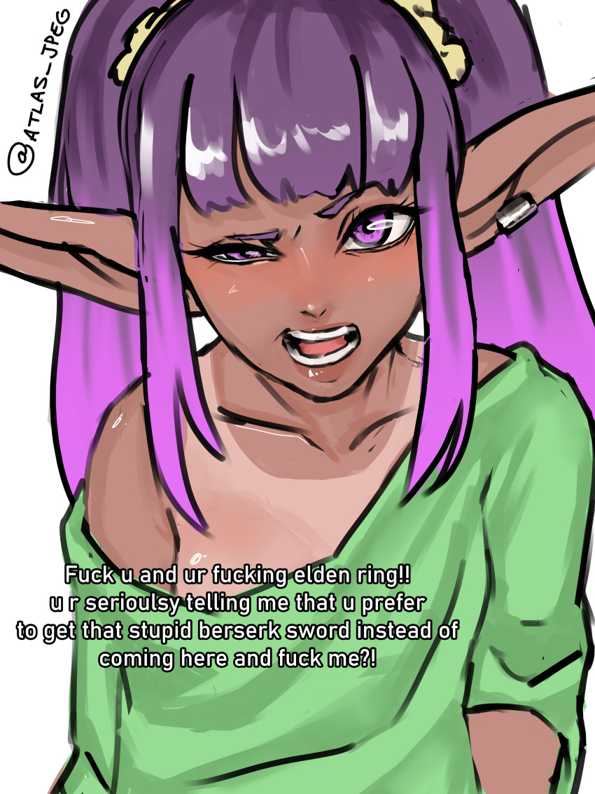 atlas_jpeg bangs elden_ring elf_ears female fromsoftware green_shirt imminent_gaming lia_(atlas_jpeg) open_mouth original original_character oversized_clothes pointy_ears succubus tan_body tan_lines tan_skin twintails upset