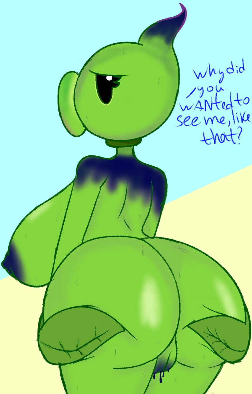 blue_nipples breasts chara_wantrp eyelashes ink leafs nipple nipples peashooter_(pvz) plant plantie plants_vs_zombies pussy_juice pussy_juice_drip pvz rule_63 shadow shadow_peashooter_(pvz) sweat sweating text