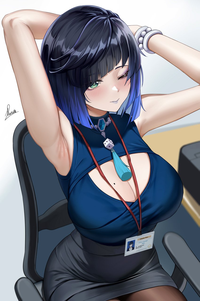 1girls absurd_res armpits arms_up bangs bare_shoulders big_breasts black_legwear blue_hair blush boob_window breasts cleavage dice female genshin_impact green_eyes grey_lipstick hi_res highres hips huge_breasts lanyard large_breasts leggings lipstick looking_away mole mole_on_breast name_tag necklace office office_lady one_eye_closed pearl_necklace piukute062 short_hair sitting skirt slim_waist small_waist solo stockings tassel tight_clothing tights waist white_background wide_hips wink yelan_(genshin_impact)