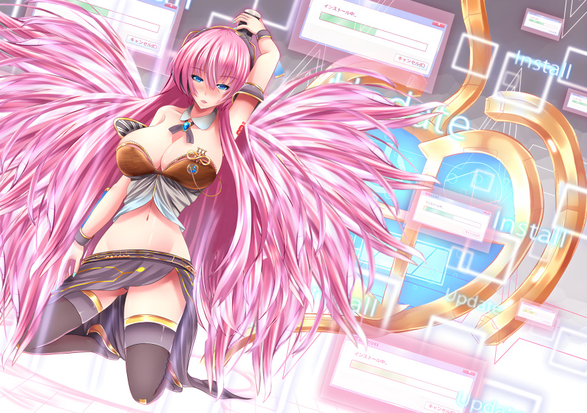 absurd_res absurdly_long_hair armband blue_eyes blush breasts crypton_future_media edit headphones megurine_luka microphone_stand neckwear pink_hair progress_bar thighhighs very_long_hair vocaloid vocaloid_4