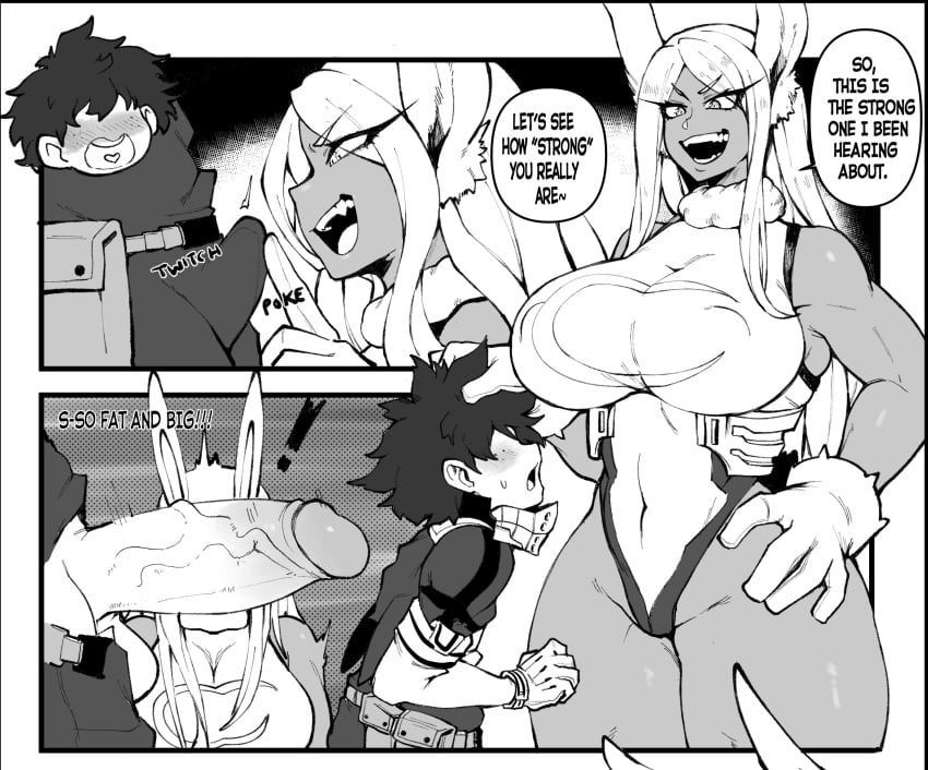 1boy 1girls alternate_height balls big_breasts big_penis big_veins black_and_white boku_no_hero_academia breasts bulge bunny_ears cock_shock dark-skinned_female dark_skin english_text erect_penis erection erection_under_clothes fangs female gonzalo_costa hero_outfit_(mha) hetero heterosexual huge_breasts huge_cock huge_penis huge_veins hyper_penis imminent_sex izuku_midoriya large_penis larger_female light-skinned_male long_hair long_penis male miruko monochrome muscular_female my_hero_academia open_mouth penis penis_awe penis_out rabbit_humanoid rumi_usagiyama size_difference small_but_hung smaller_male smiling speech_bubble taigerarts testicles text veiny_penis white_hair