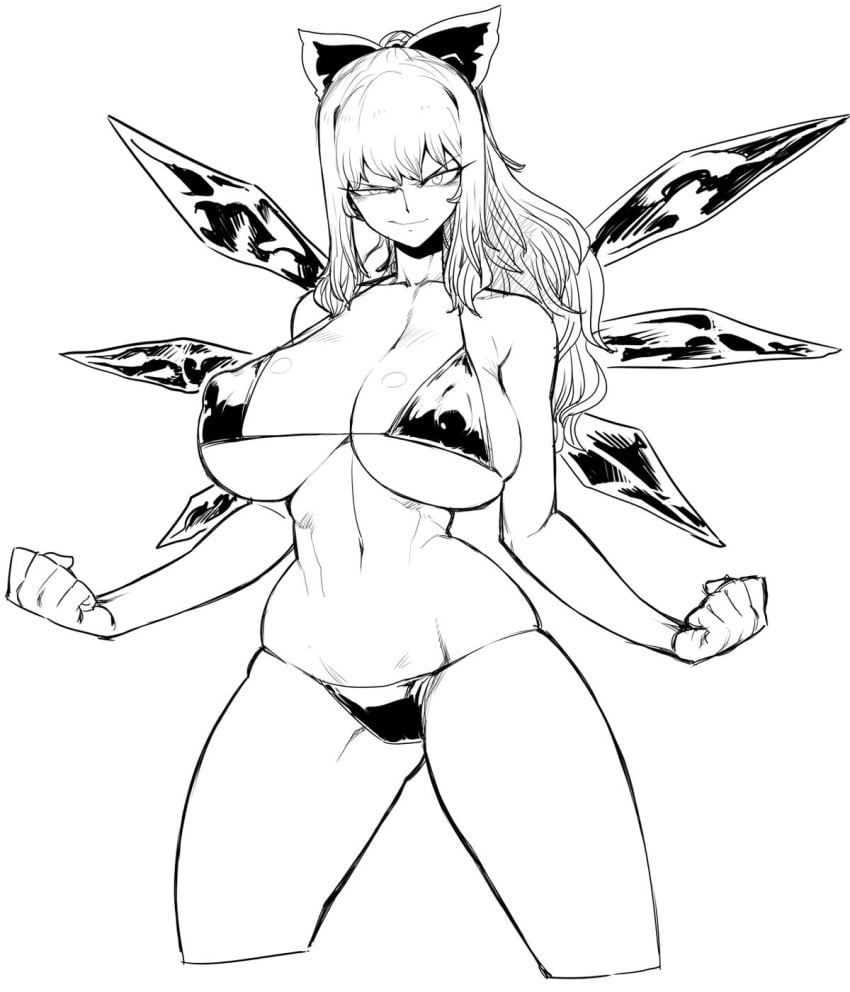 aged_up big_breasts bikini cirno fairy female long_hair monochrome spacezin swimsuit tagme touhou