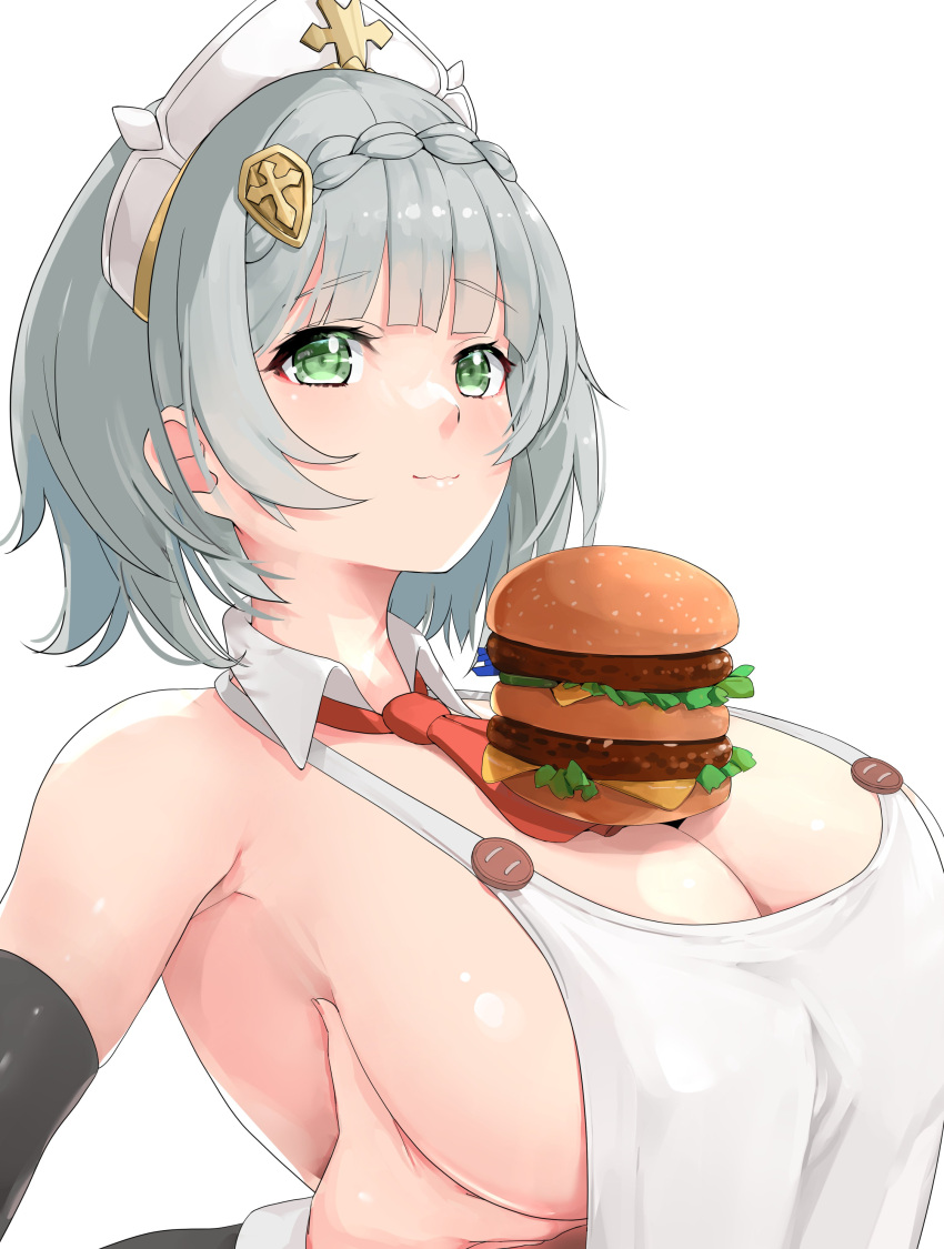 1girls big_breasts big_mac boob_burger breasts breasts_bigger_than_head burger cheeseburger enormous_breasts food_on_breasts genshin_impact grey_hair hamburger huge_breasts kntrs_(knyrs) looking_at_viewer mcdonald's noelle_(genshin_impact) short_hair tagme your_order_is_ready_(meme)