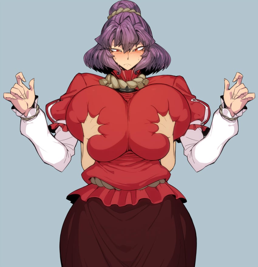 blush breast_grab breasts clothing cute cute_face deep_skin female grabbing_from_behind hair_ornament huge_breasts kanako_yasaka larger_female long_skirt purple_hair red_eyes simple_background size_difference spacezin sweat tagme taller_female touhou