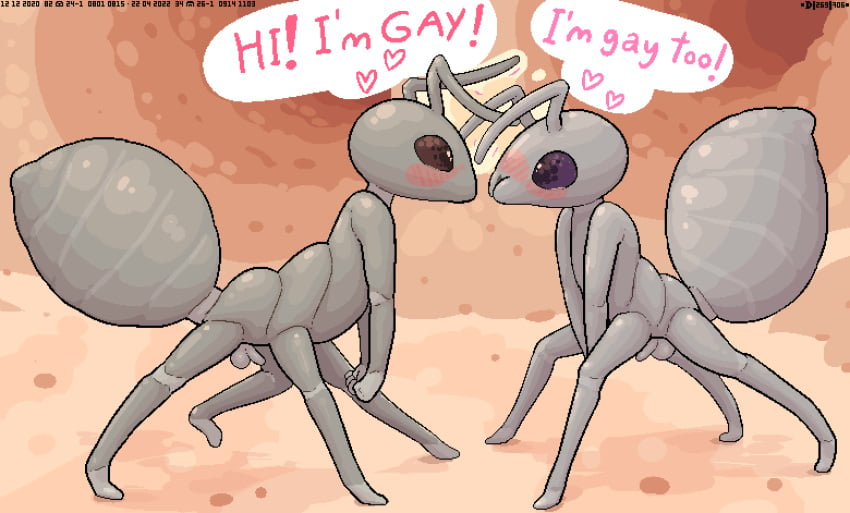 ant antennae_(anatomy) arthropod arthropod_taur balls blush dialogue duo english_text flaccid genitals hymenopteran insects male male/male pedrohspacewolfy penis pixelated small_penis source_request taur text