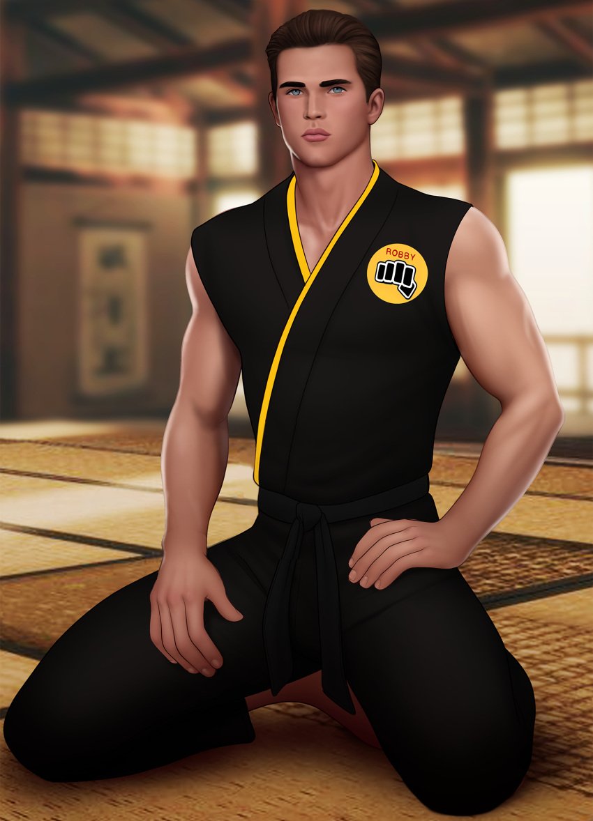 1boy actor blue_eyes brown_hair celebrity clothed cobra_kai drawnpr0n in_character karate_kid karate_robe male male_only muscle muscles muscular muscular_male robert_keene solo tanner_buchanan the_karate_kid