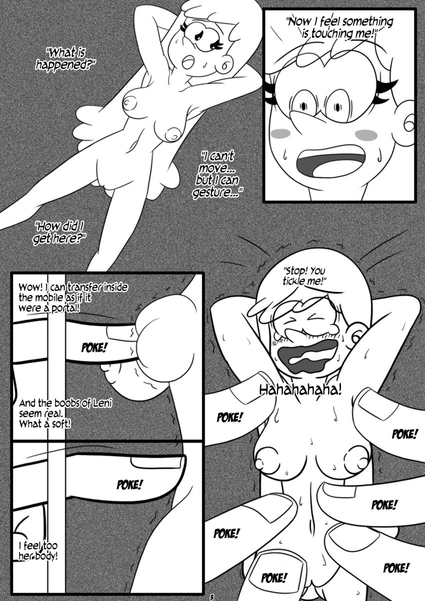 1girls blush breasts comic completely_nude english_text hands_behind_head leni_loud monochrome nude_female open_mouth otakon page_3 surprised sweat the_loud_house tickling